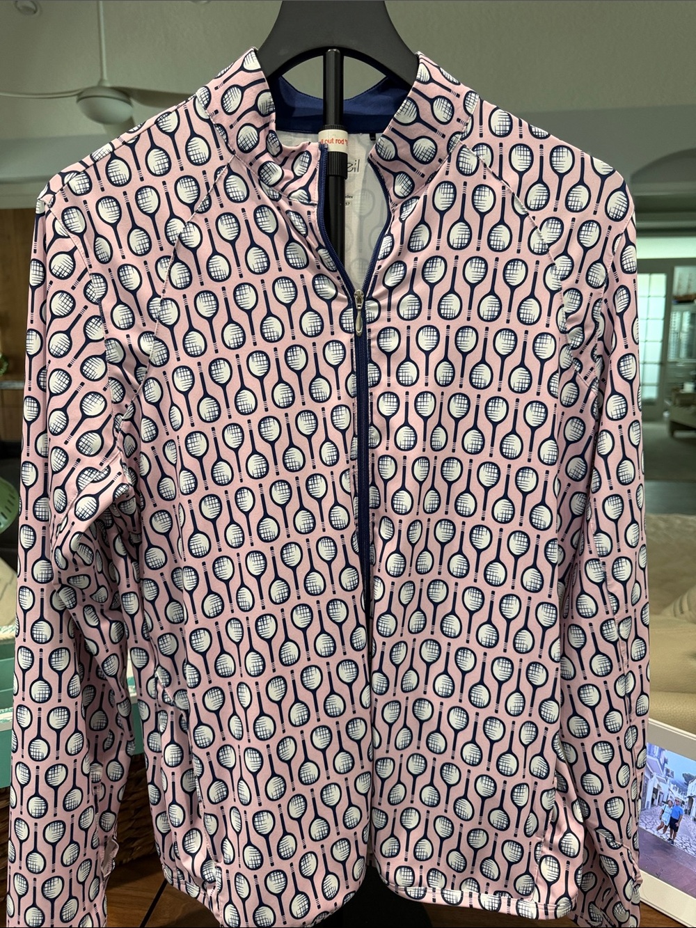 Women’s San Soleil upf 50 Pink Tennis Print Zip-Front Jacket size large